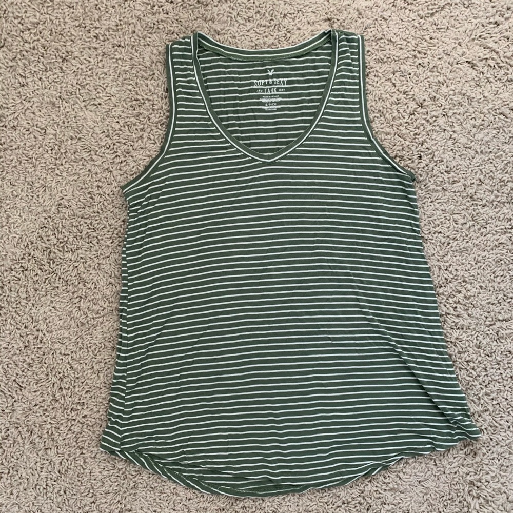 AE Green Striped V Neck Tank Top